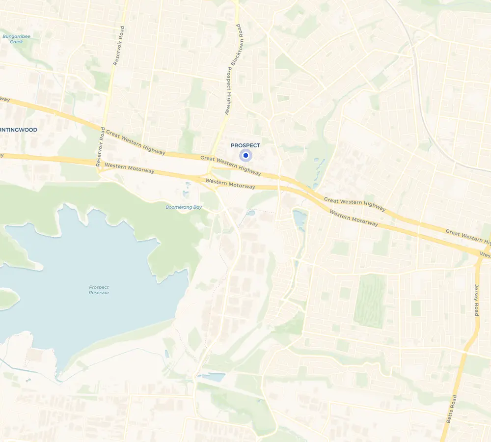Map of the Prospect service area and the surrounding Western Sydney, showing Prospect and the nearby streets we cover.