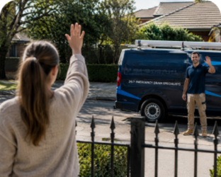 Customer waving goodbye to a Prospect Blocked Drains plumber