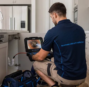 Plumber clearing a blocked toilet in a Prospect bathroom